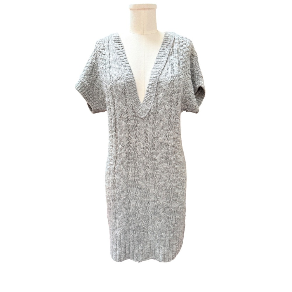 Vintage Abercrombie &‎ Fitch Gray Cable Knit Sweater Dress Large Y2K Deep V Neck